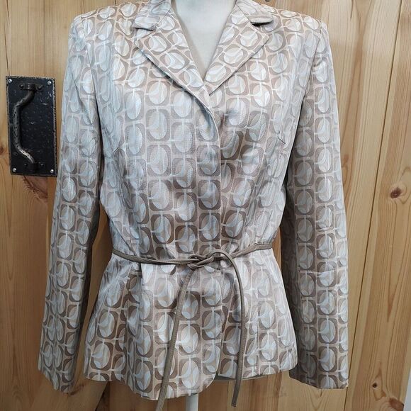 Kay Unger Jackets & Blazers - Kay Unger NY Blazer 14 Damask Ivory/Blue Vintage Suit Jacket Y2K Leather Belt